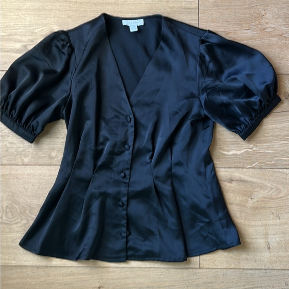 Topshop Black Satin Blouse with Puff Sleeves